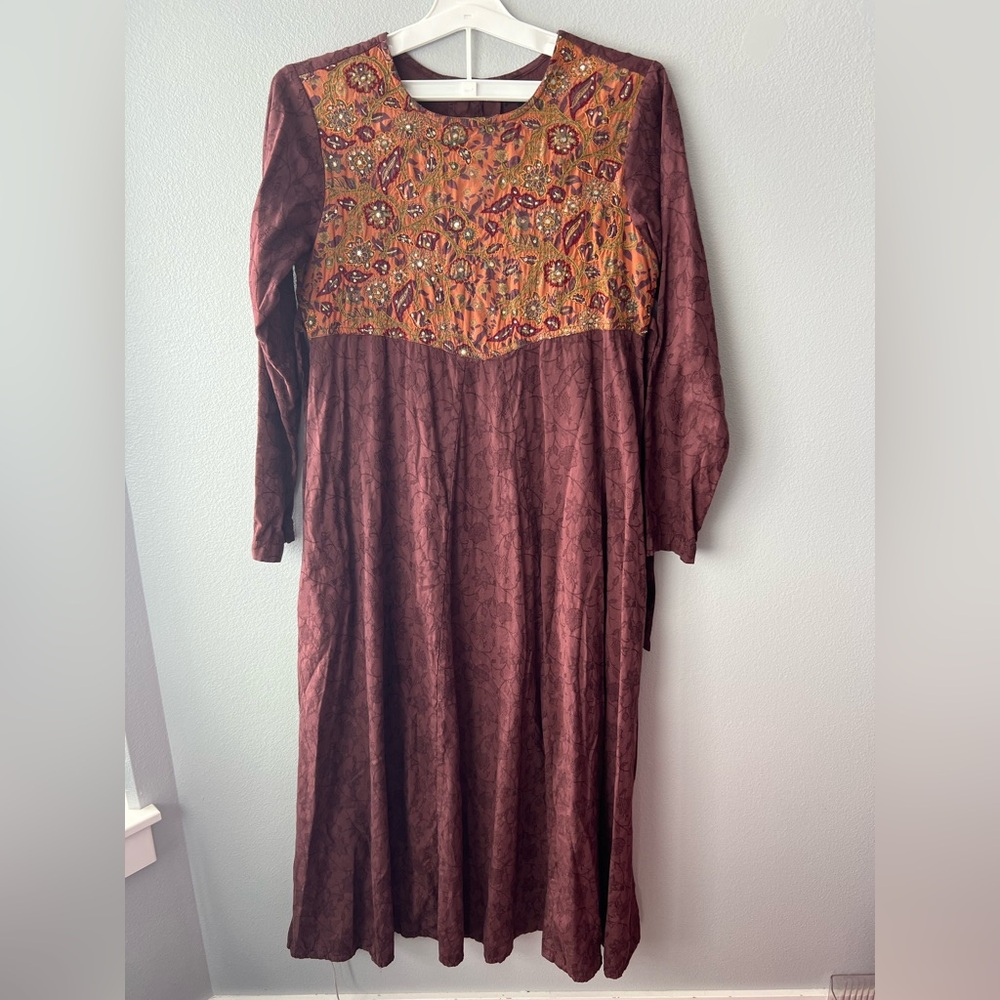 J. Peterman Company maroon floral embroidered orange bodice prairie maxi dress S